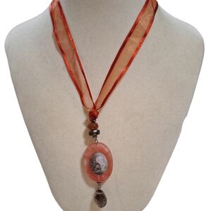 Ali Khan Dyed Agate Abalone Angel Cameo Ribbon Necklace W/ 925 Clasp 18-20" Long